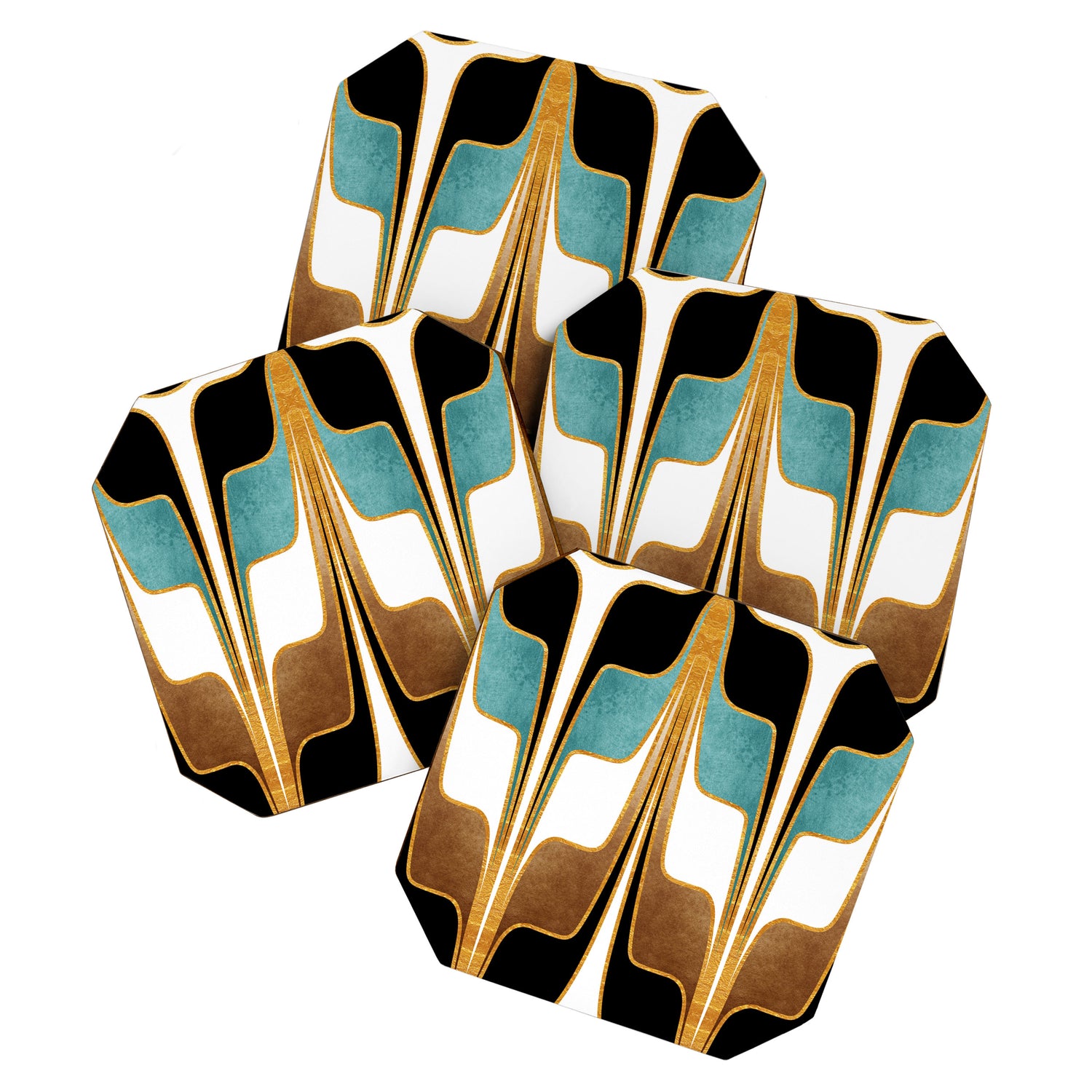 Mid Century Modern Liquid Watercolor Abstract / Faux Gold, Ocean Blue Teal, Brown, Black, White/ V1 Coaster Gallery Image 1
