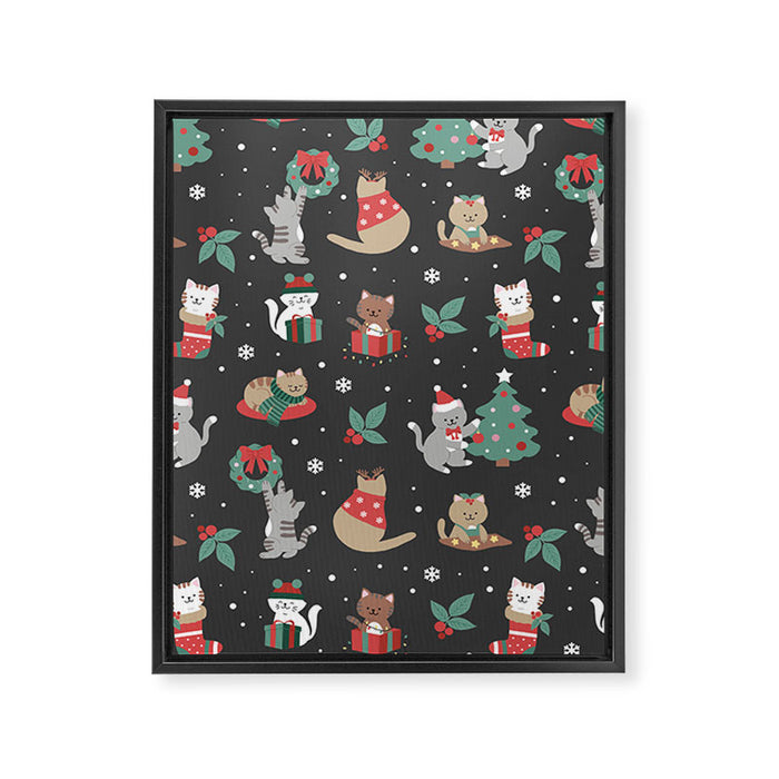 Christmas Festive Cute Holiday Kittens on Dark Framed Canvas Print Gallery Image 1
