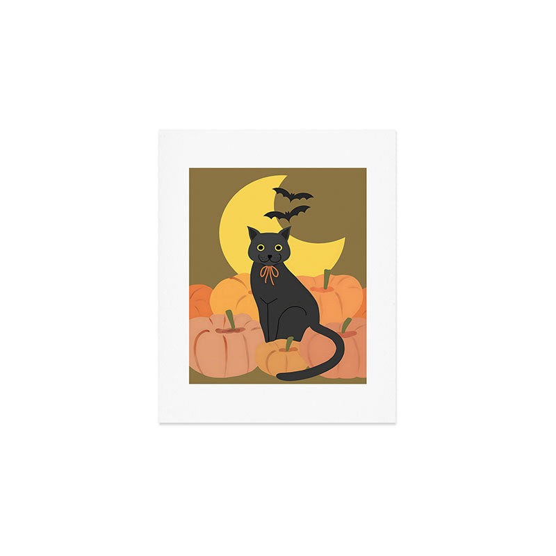 Cute Halloween Black Cat with Pumpkins and Bats Art Print Gallery Image 1
