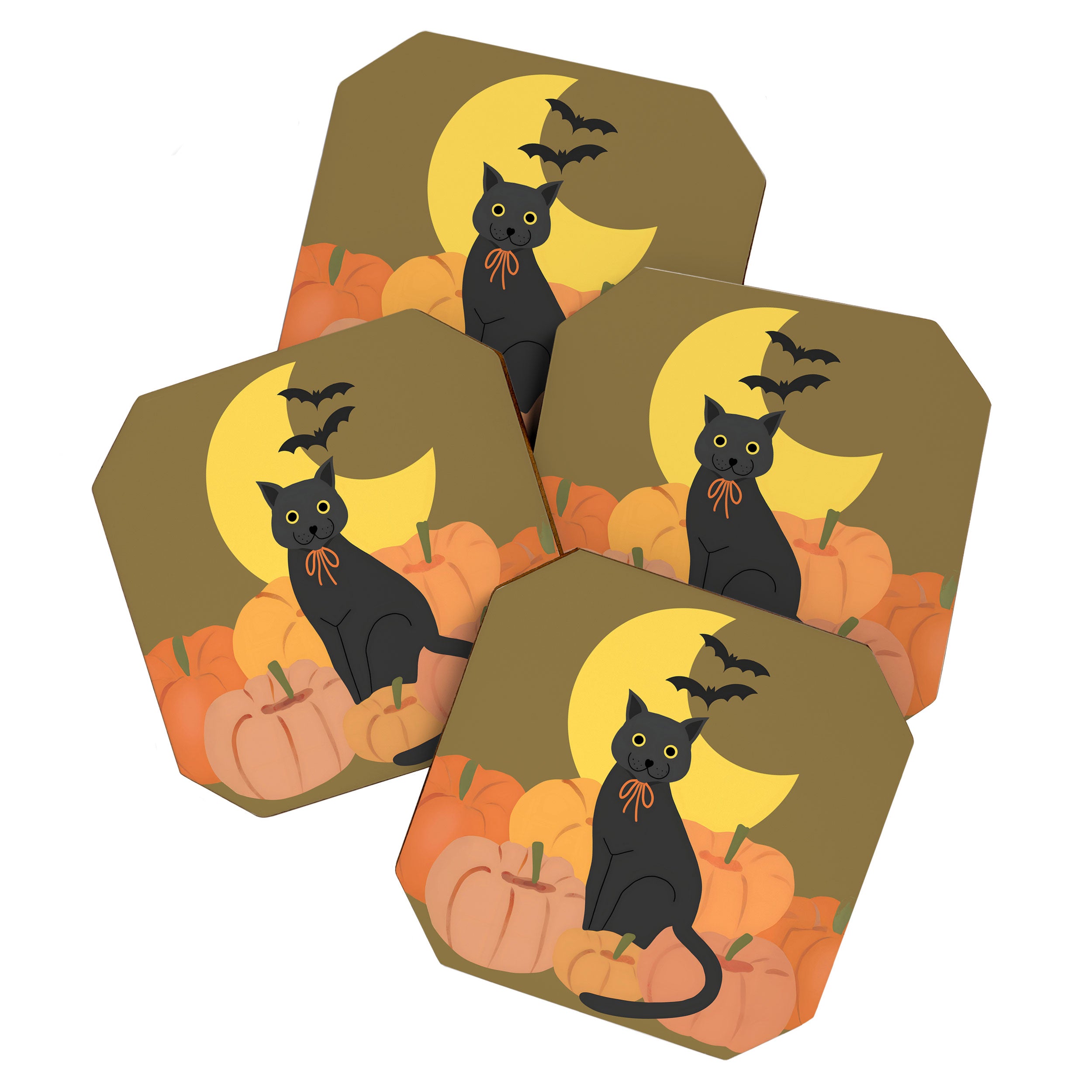 Cute Halloween Black Cat with Pumpkins and Bats Coaster Gallery Image 1