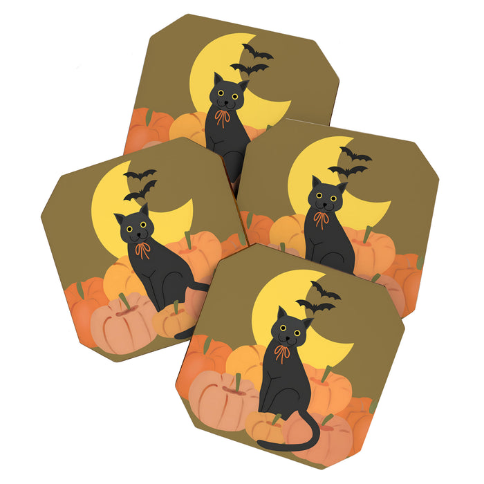 Cute Halloween Black Cat with Pumpkins and Bats Coaster Gallery Image 1