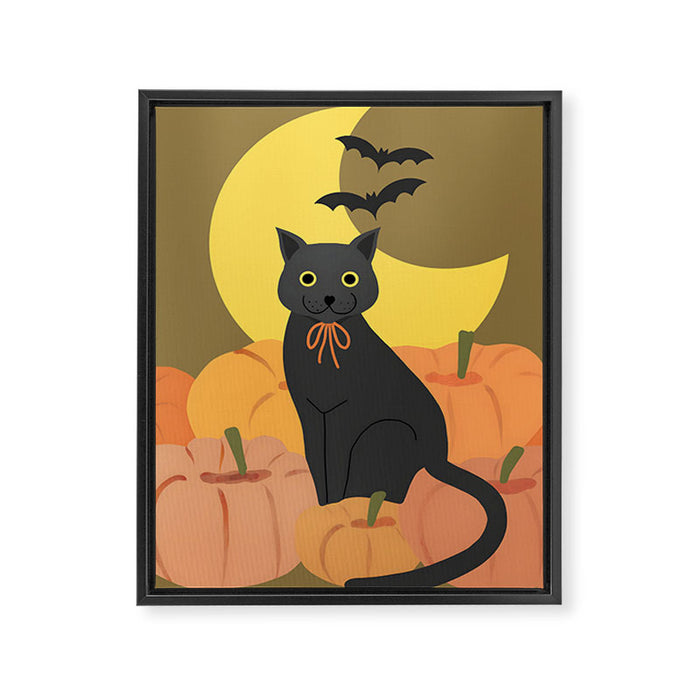 Cute Halloween Black Cat with Pumpkins and Bats Framed Canvas Print Gallery Image 1