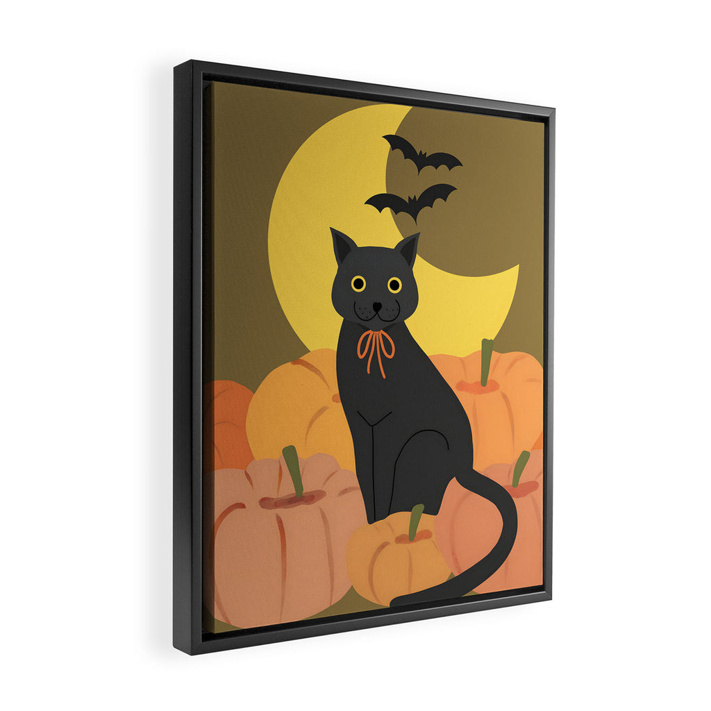 Cute Halloween Black Cat with Pumpkins and Bats Framed Canvas Print Gallery Image 2