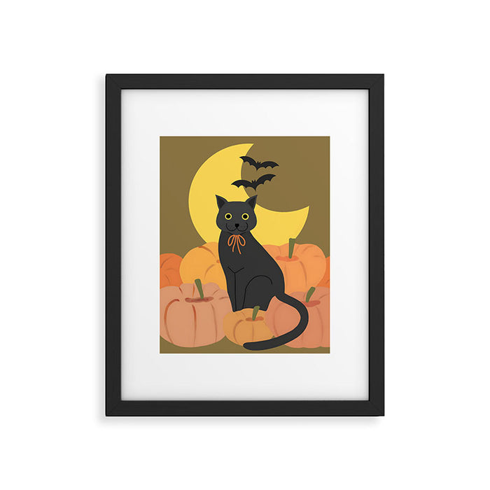Cute Halloween Black Cat with Pumpkins and Bats Framed Art Print Gallery Image 1