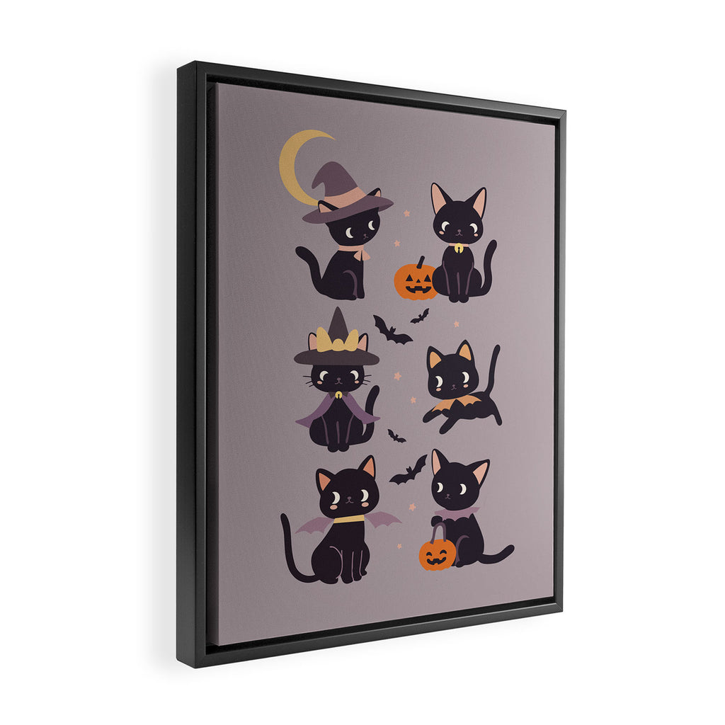 Cute Halloween Witch Cats and Pumpkins  Framed Canvas Print Gallery Image 2