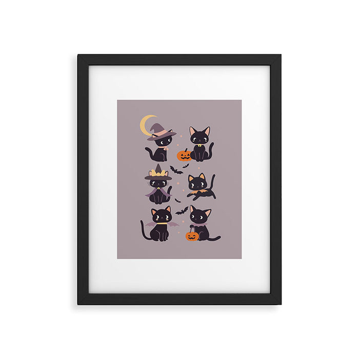 Cute Halloween Witch Cats and Pumpkins Framed Art Print Gallery Image 1