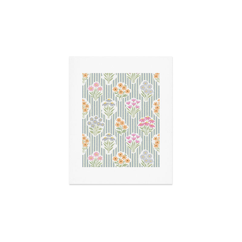Ditsy Flower Sticker Bouquets on Blue and Cream Pinstripes Art Print Gallery Image 1