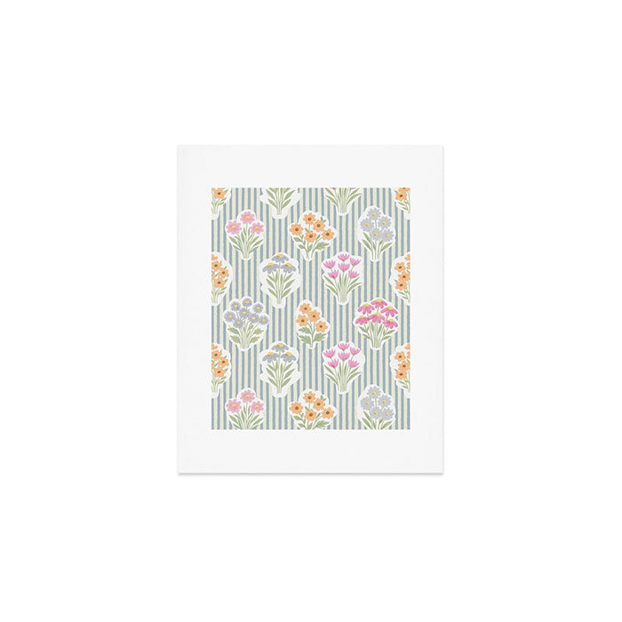 Ditsy Flower Sticker Bouquets on Blue and Cream Pinstripes Art Print Gallery Image 1