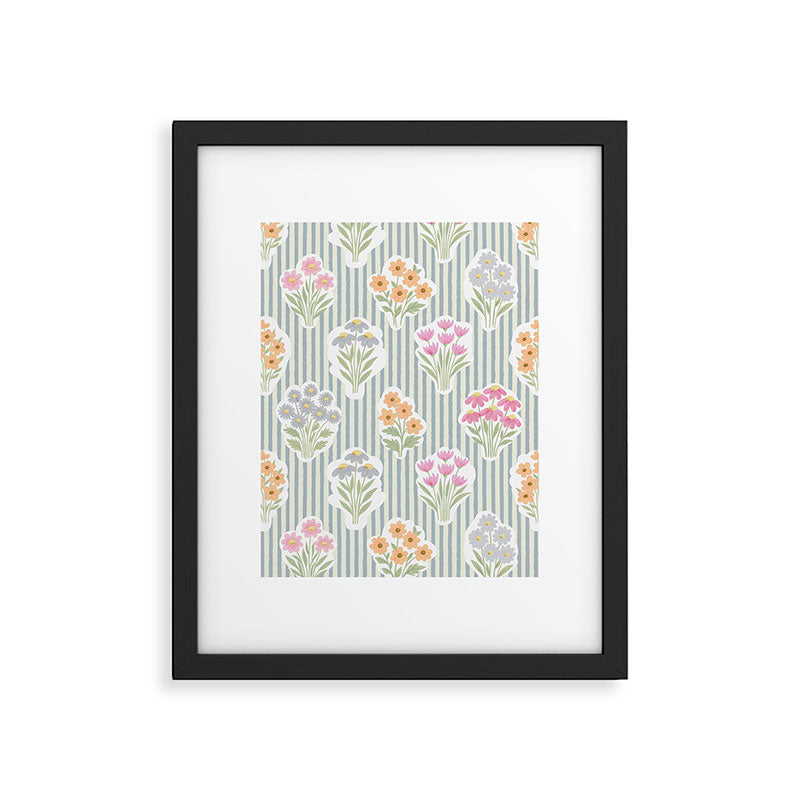Ditsy Flower Sticker Bouquets on Blue and Cream Pinstripes Framed Art Print Gallery Image 5