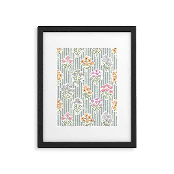 Ditsy Flower Sticker Bouquets on Blue and Cream Pinstripes Framed Art Print Gallery Image 1