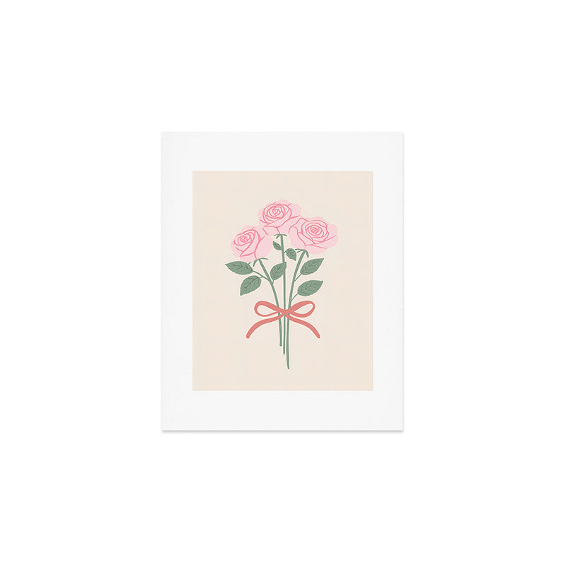 Vintage Pink Rose Bouquets with Ribbon Bows on Cream Art Print Gallery Image 1