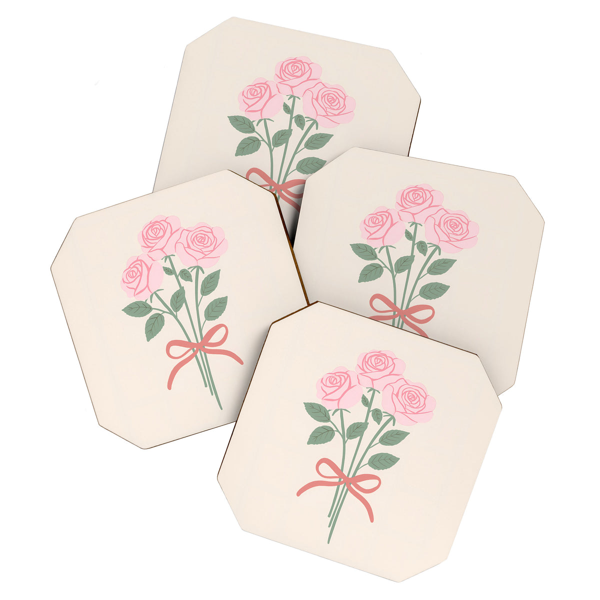 Vintage Pink Rose Bouquets with Ribbon Bows on Cream Coaster Gallery Image 1