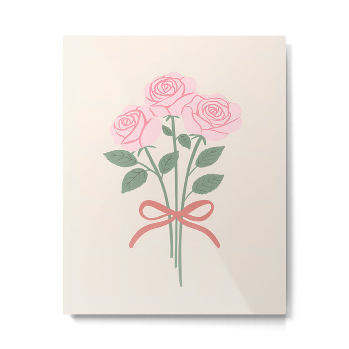 Vintage Pink Rose Bouquets with Ribbon Bows on Cream Metal Print Gallery Image 1