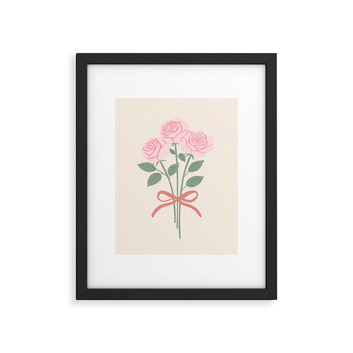 Vintage Pink Rose Bouquets with Ribbon Bows on Cream Framed Art Print Gallery Image 1