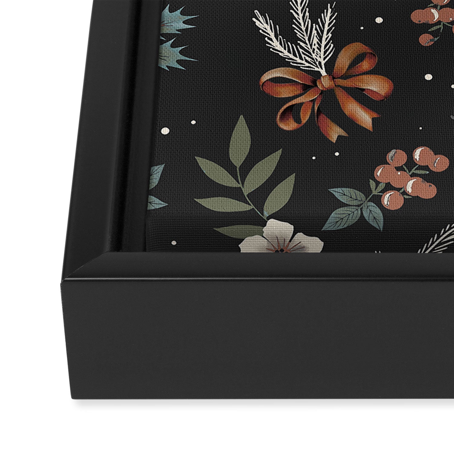 Vintage Winter Foliage with Berries, Pinecones and Ribbons on Black Framed Canvas Print Gallery Image 3