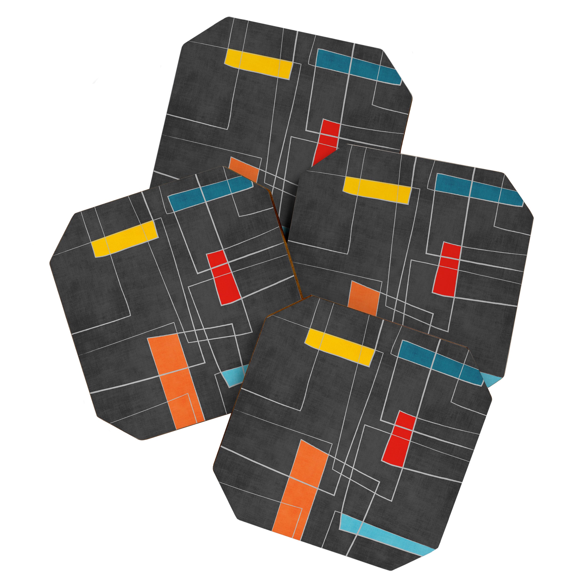 Dark Gray Colorful Shapes White Lines Artwork Coaster Gallery Image 1