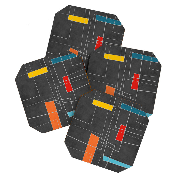 Dark Gray Colorful Shapes White Lines Artwork Coaster Gallery Image 1