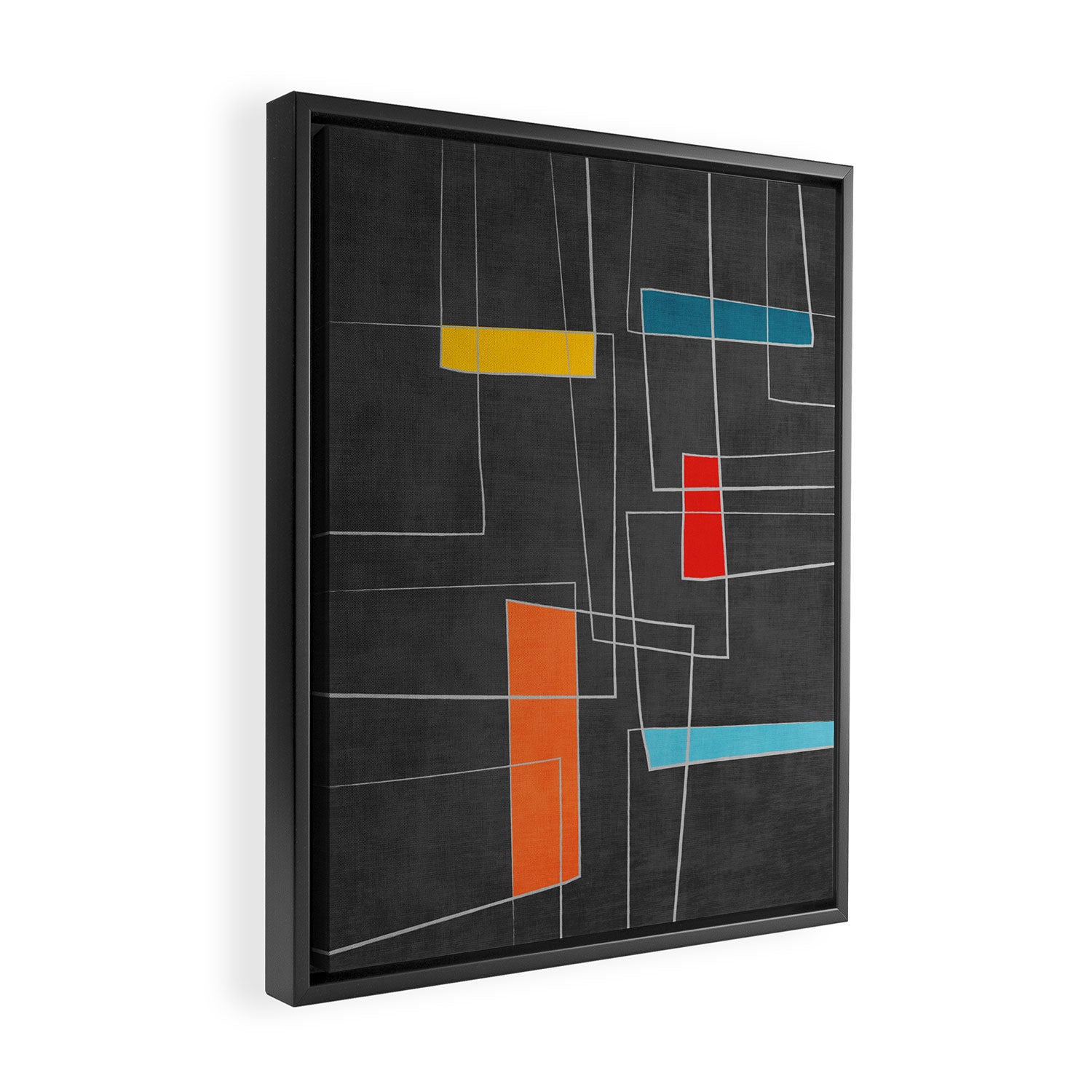 Dark Gray Colorful Shapes White Lines Artwork Framed Canvas Print Gallery Image 2