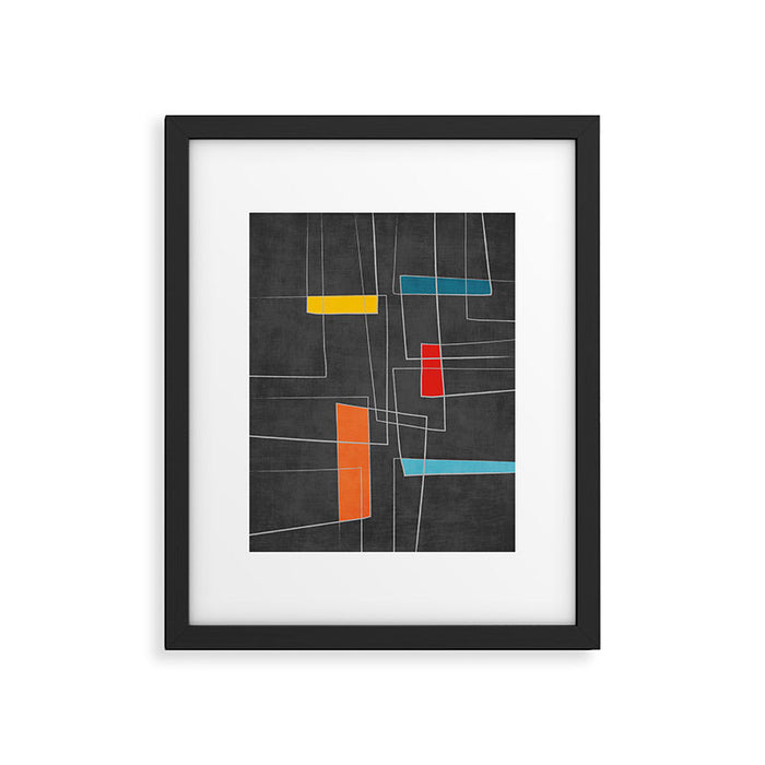 Dark Gray Colorful Shapes White Lines Artwork Framed Art Print Gallery Image 1