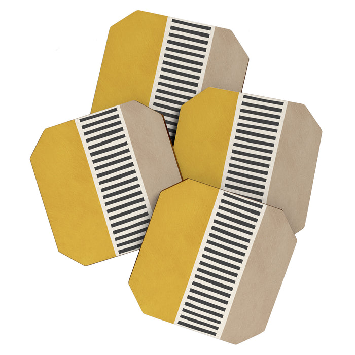 Mustard Beige Black Lines Abstract Art Coaster Gallery Image 1
