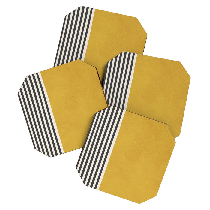 Mustard Yellow Black Lines Abstract Art Coaster Gallery Image 1