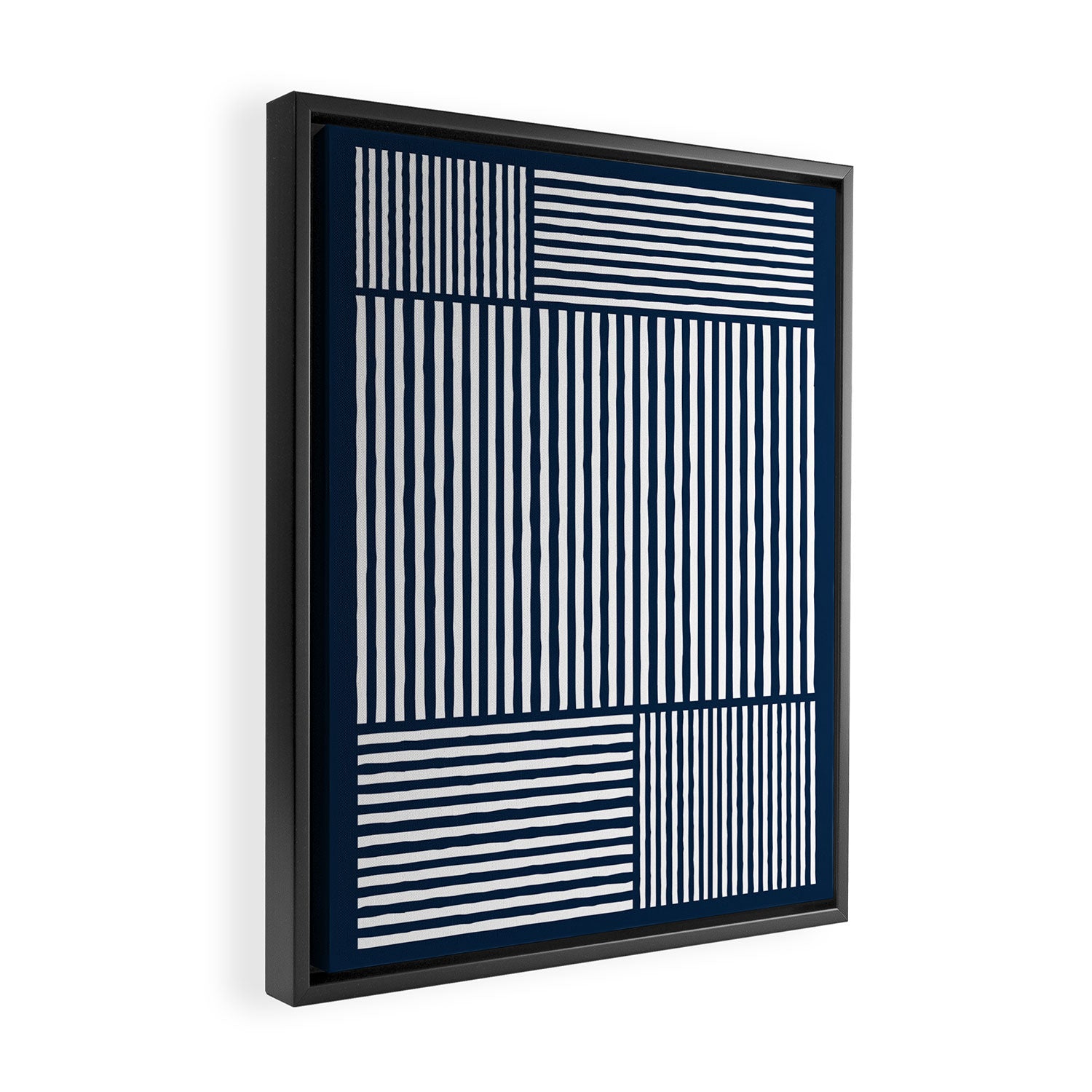 Navy White Lines Minimal Abstract Design Framed Canvas Print Gallery Image 2