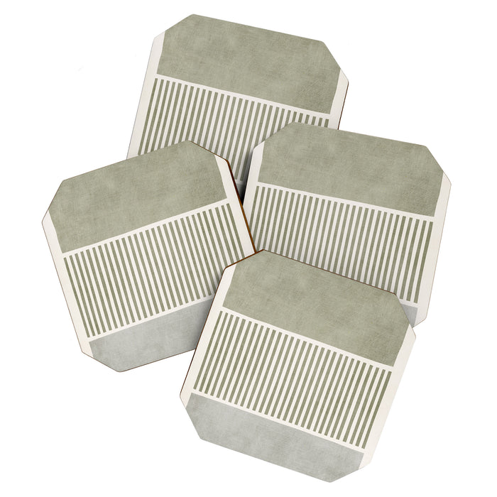 Neutral Green Lines Gray Abstract Artwork Coaster Gallery Image 1