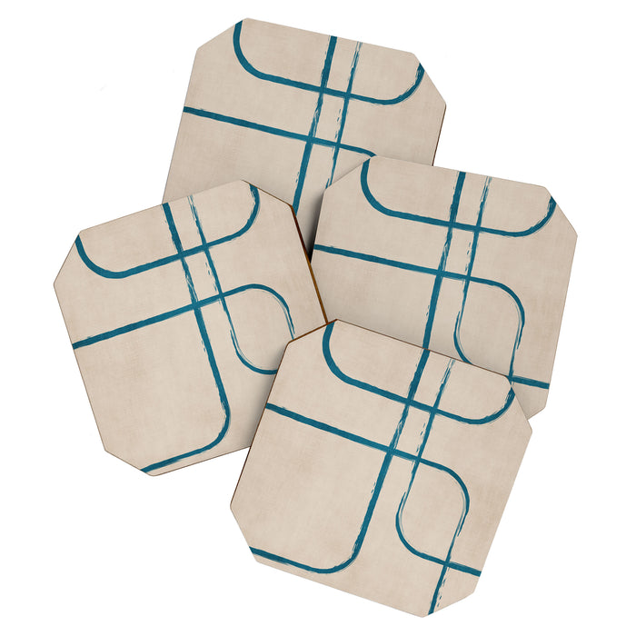 Teal Lines Light Beige Painting Minimalist Geometric Artwork Coaster Gallery Image 1