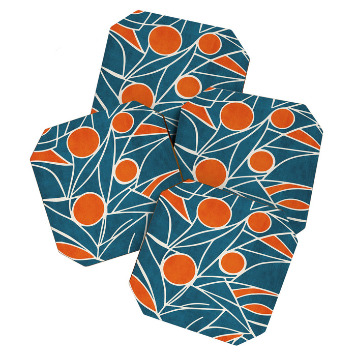 Teal Orange Abstract Leaves Modern Art Coaster Gallery Image 1