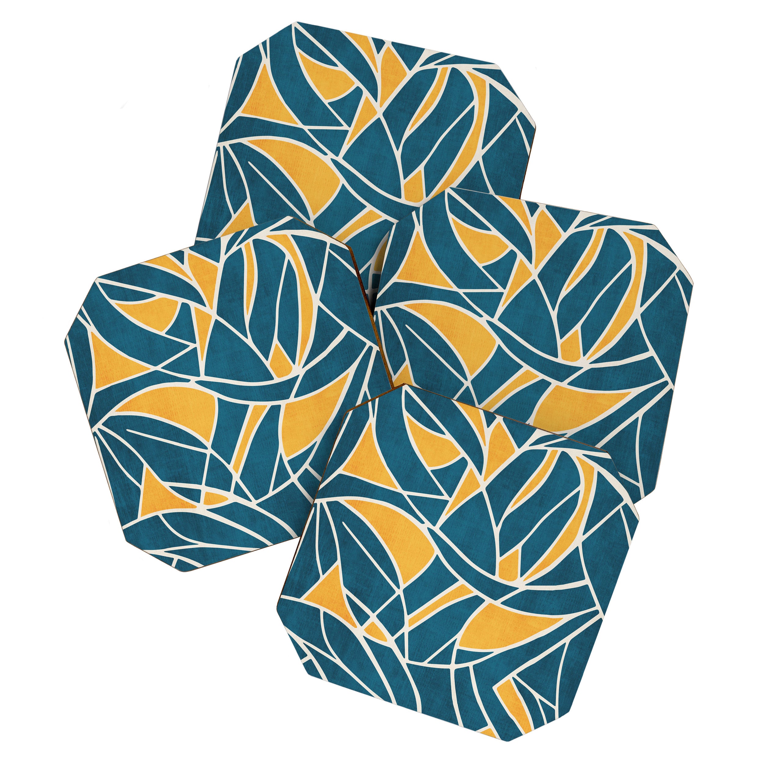 Teal Yellow Abstract Leaves Modern Artwork Coaster Gallery Image 1