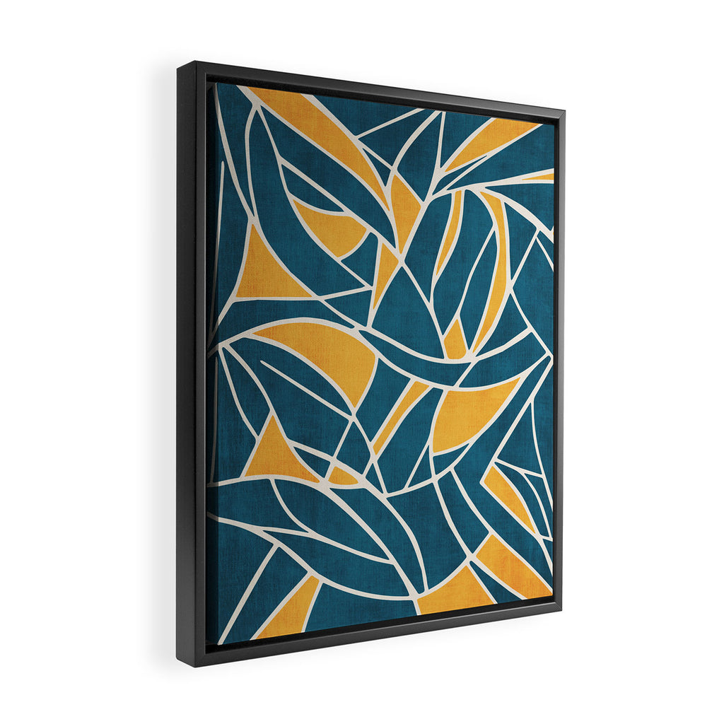 Teal Yellow Abstract Leaves Modern Artwork Framed Canvas Print Gallery Image 2