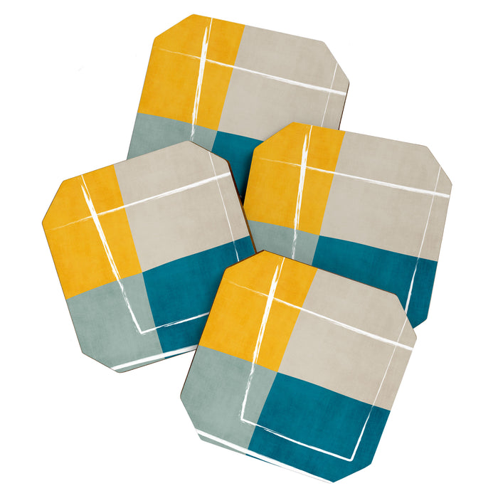 Teal Yellow Beige Abstract Artwork Coaster Gallery Image 1