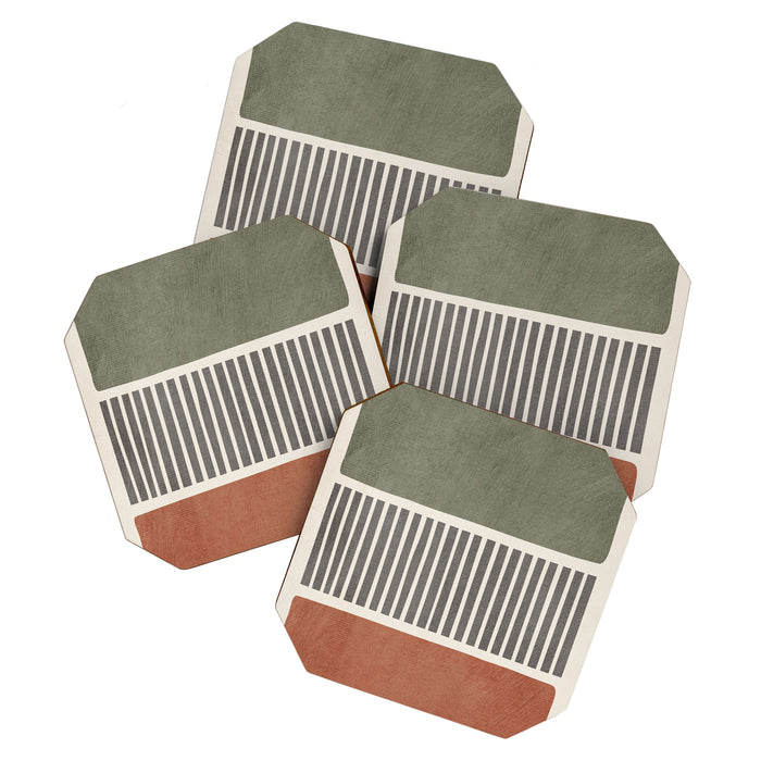 Terra Green Gray Lines Bold Minimalist Design Artwork Coaster Gallery Image 1