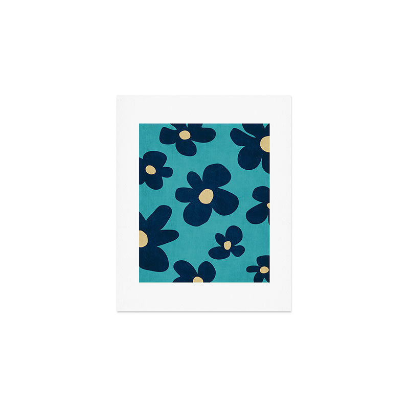 Turquoise Navy Flowers Minimalist Artwork Art Print Gallery Image 1