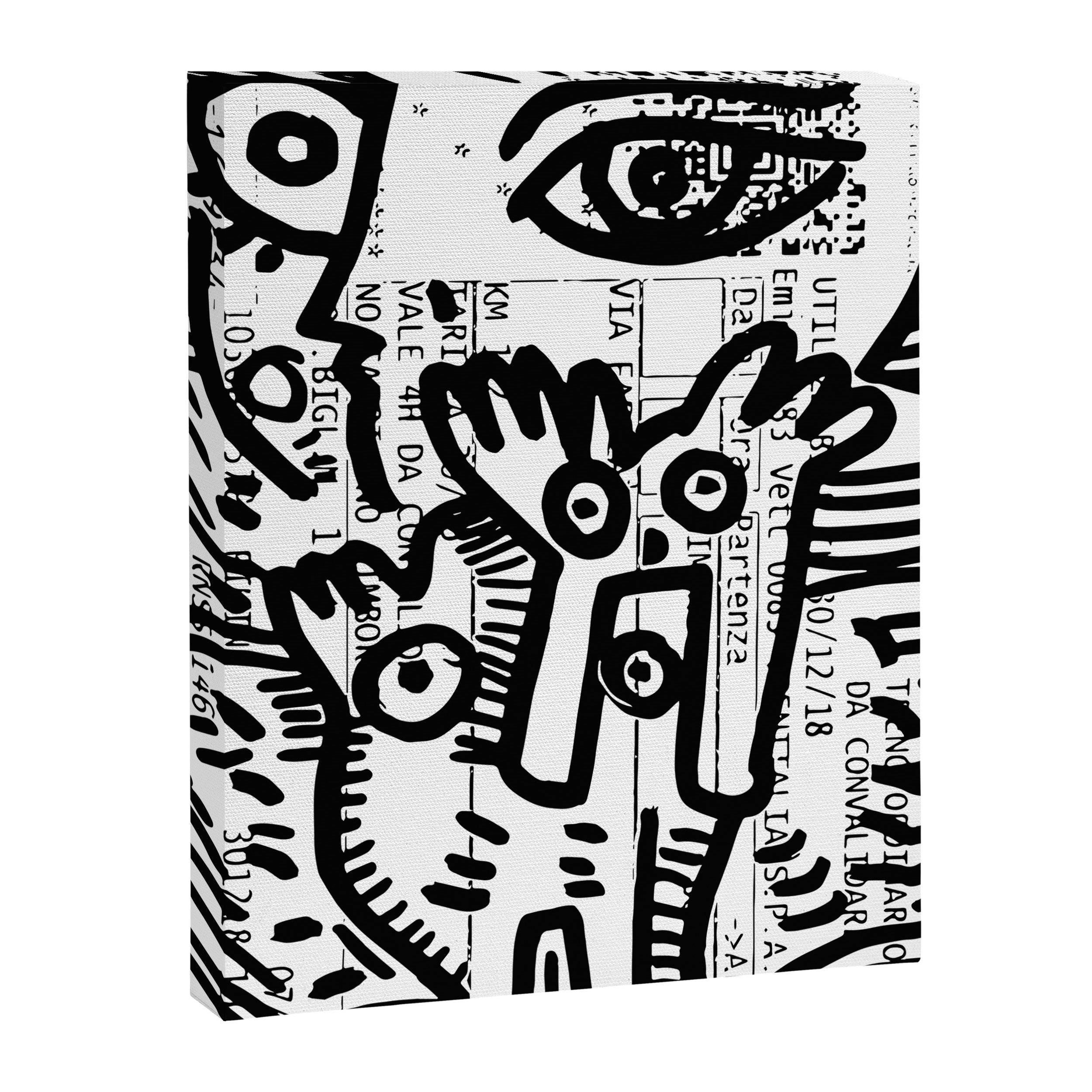 Creatures Graffiti Black and White on French Train Ticket Canvas Print Gallery Image 6
