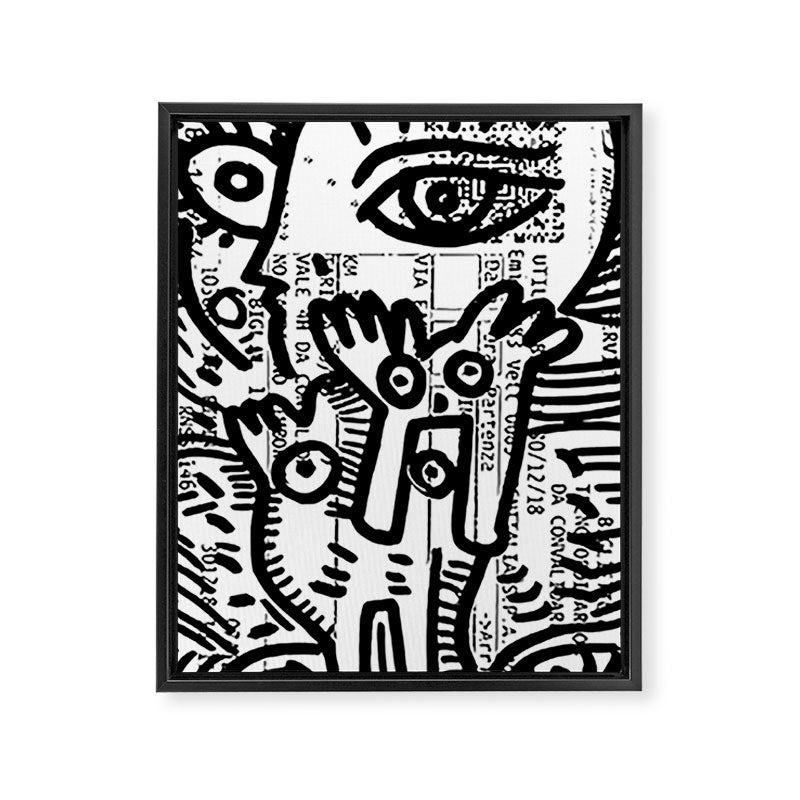 Creatures Graffiti Black and White on French Train Ticket Framed Canvas Print Gallery Image 6