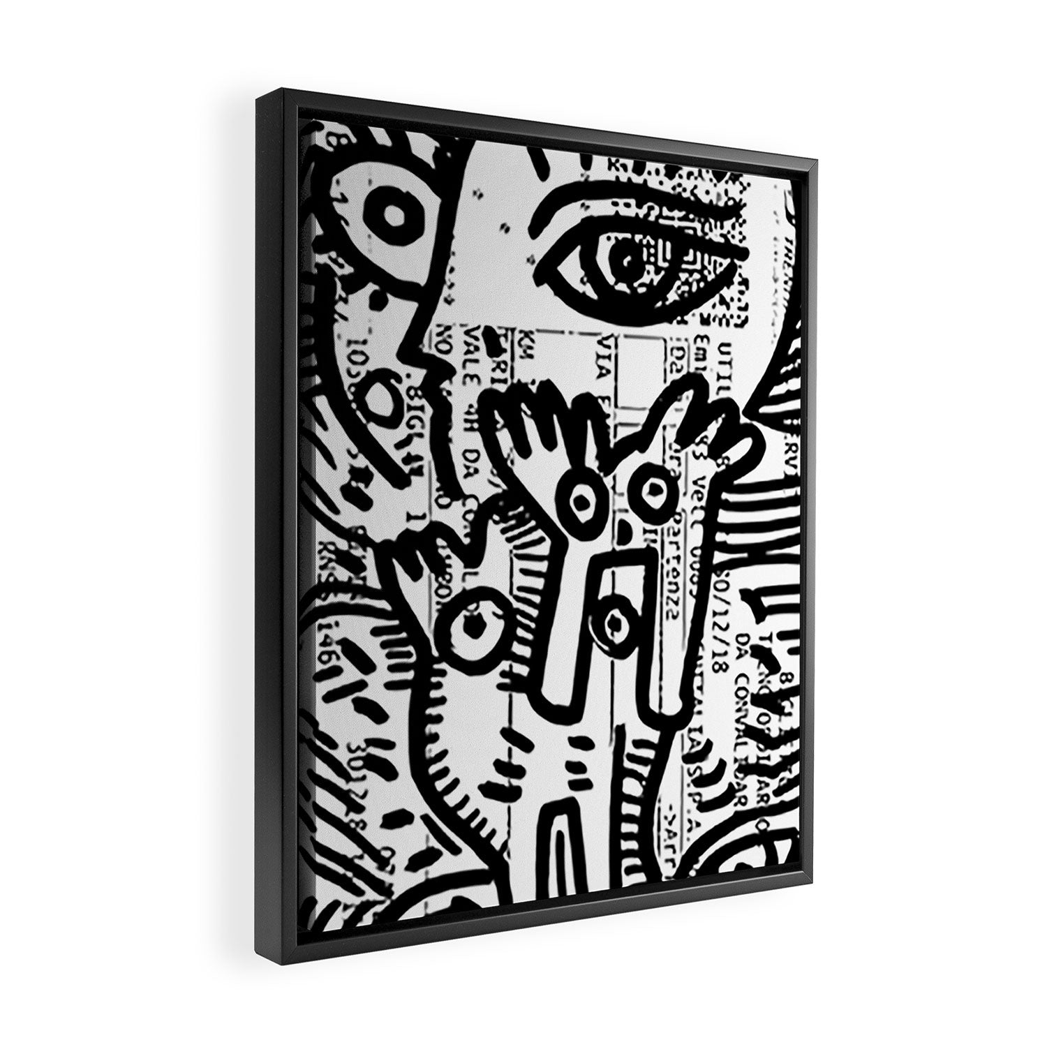 Creatures Graffiti Black and White on French Train Ticket Framed Canvas Print Gallery Image 2