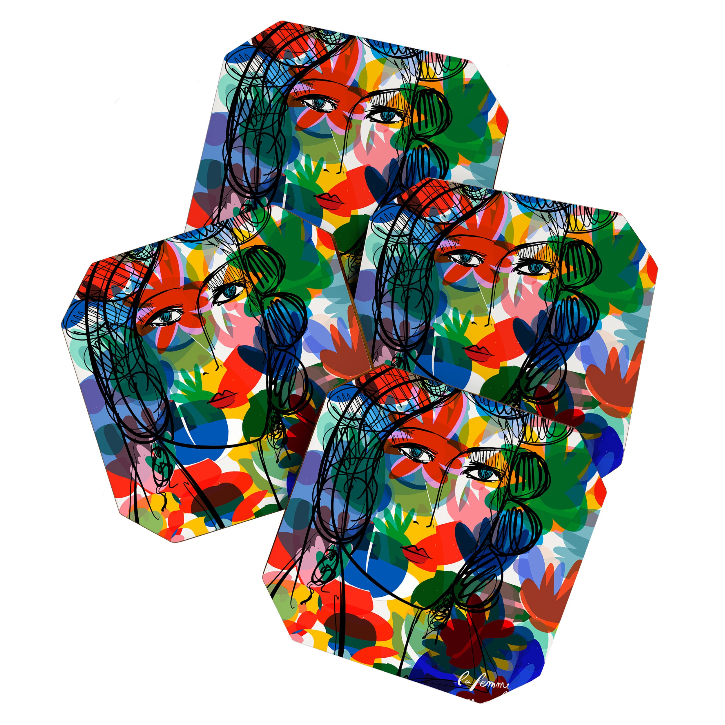 La femme aux fleurs portrait pop abstract by Emmanuel Signorino Coaster Gallery Image 1