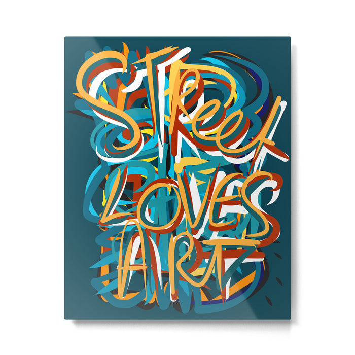 Street Loves Art Graffiti Urban Art Writing Blue and Yellow Metal Print Gallery Image 1