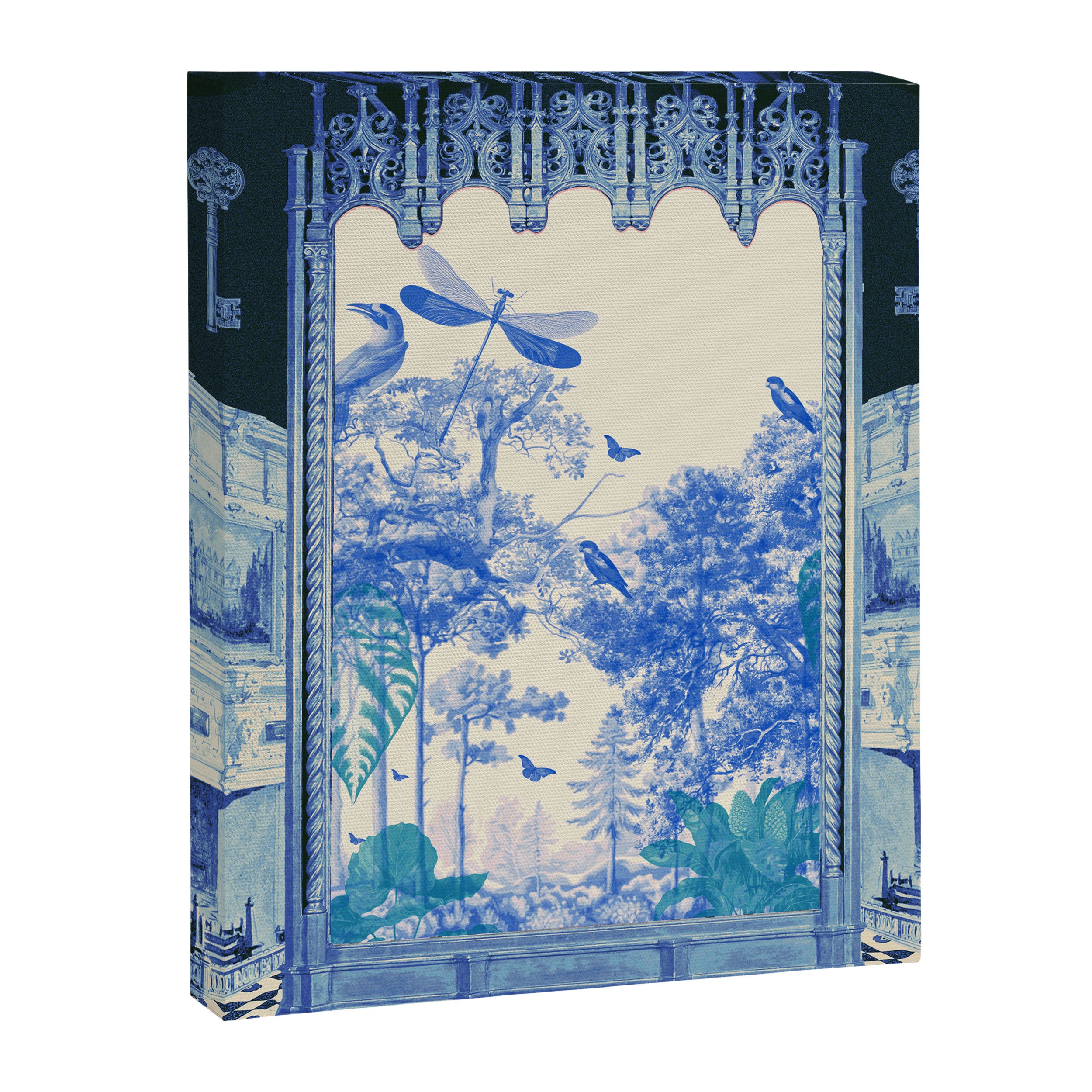Blue Feelings - Surreal Botanical Collage with Ornate Baroque and Dreamlike Forest Canvas Print Gallery Image 6