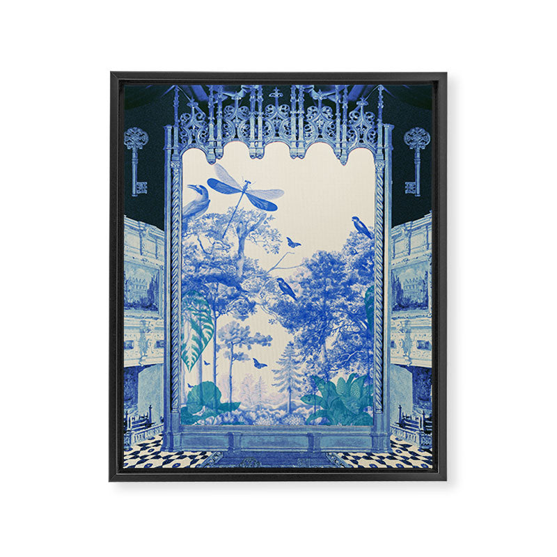 Blue Feelings - Surreal Botanical Collage with Ornate Baroque and Dreamlike Forest Framed Canvas Print Gallery Image 6