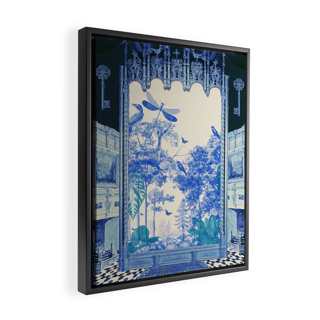 Blue Feelings - Surreal Botanical Collage with Ornate Baroque and Dreamlike Forest Framed Canvas Print Gallery Image 2