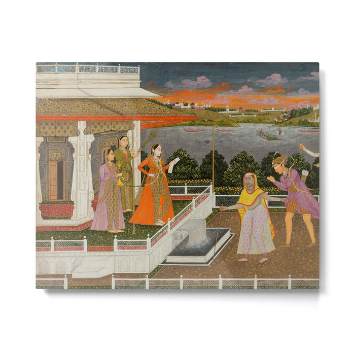A blindfolded suitor is brought before a princess; verso/ scrolling floral vines 1755 Fayzullah Indian Miniature Painting  Metal Print Gallery Image 1