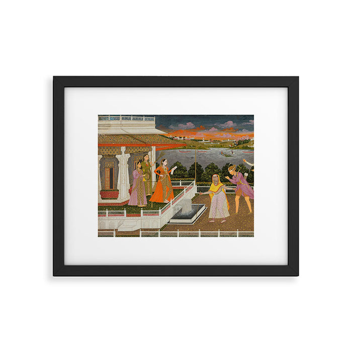 A blindfolded suitor is brought before a princess; verso/ scrolling floral vines 1755 Fayzullah Indian Miniature Painting  Framed Art Print Gallery Image 1