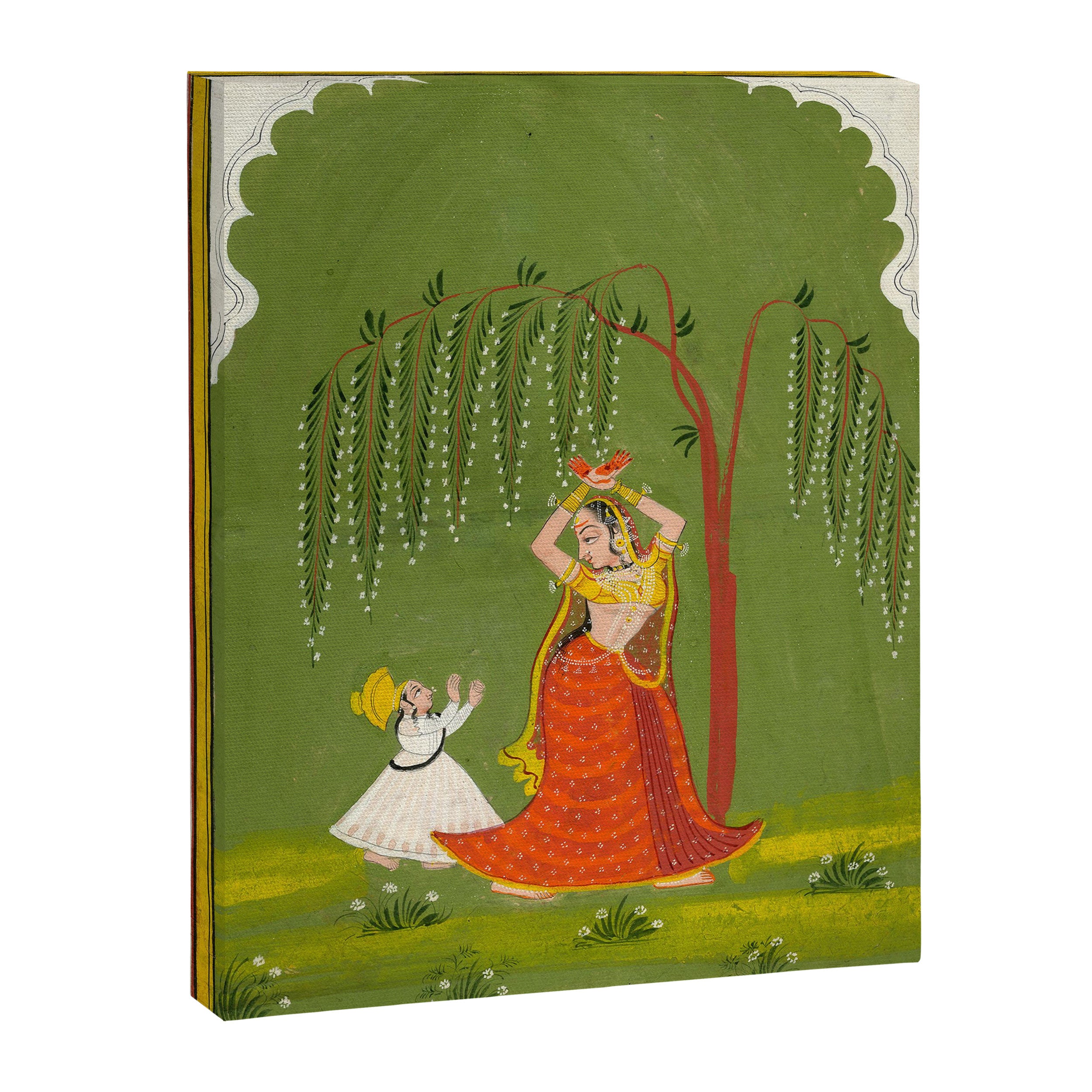 A female attendant is standing in tribhanga pose under a tree. A small child vies for her attention. Canvas Print Gallery Image 6