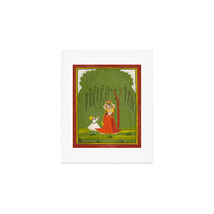 A female attendant is standing in tribhanga pose under a tree. A small child vies for her attention. Art Print Gallery Image 1