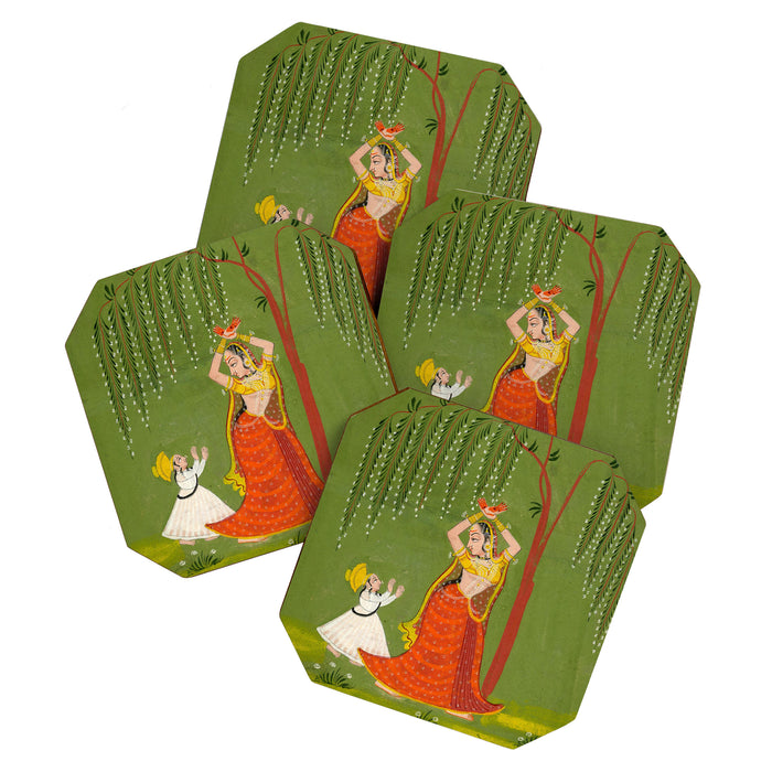 A female attendant is standing in tribhanga pose under a tree. A small child vies for her attention. Coaster Gallery Image 1
