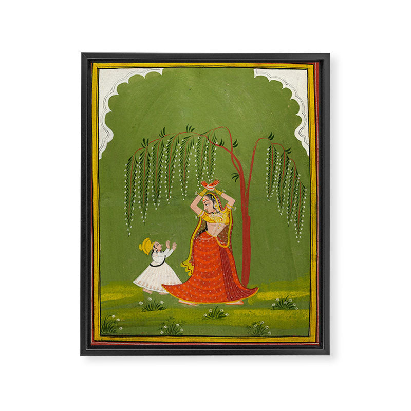 A female attendant is standing in tribhanga pose under a tree. A small child vies for her attention. Framed Canvas Print Gallery Image 6