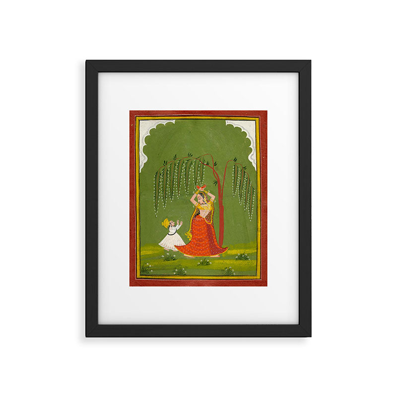 A female attendant is standing in tribhanga pose under a tree. A small child vies for her attention. Framed Art Print Gallery Image 5