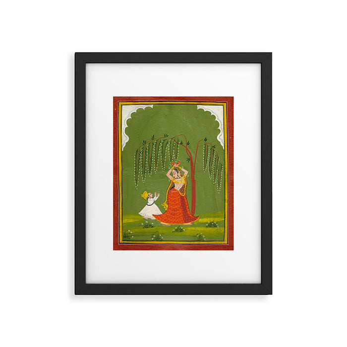 A female attendant is standing in tribhanga pose under a tree. A small child vies for her attention. Framed Art Print Gallery Image 1
